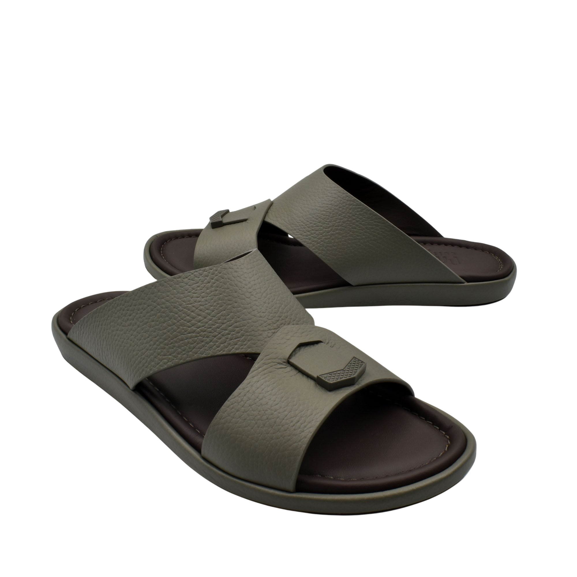 Comfortable stylish slides with wide gray straps and cushioned brown footbed for casual wear