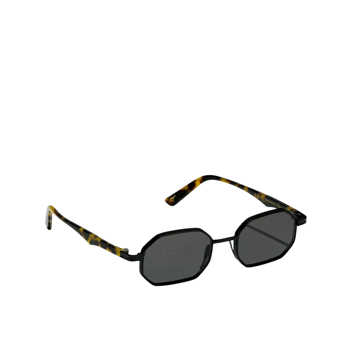 Black matte octagonal sunglasses with tortoiseshell arms and dark lenses from Private Collection