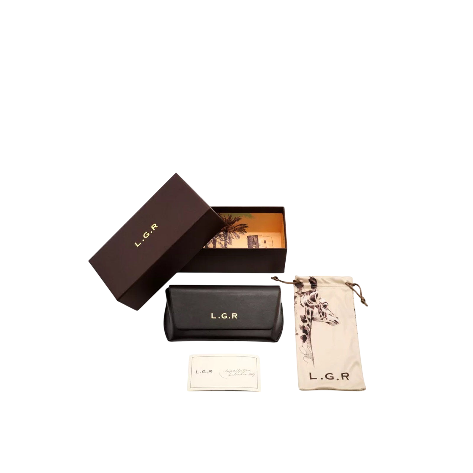 Luxury eyewear for men set with branded case, soft pouch, box, and authenticity card by Private Collection