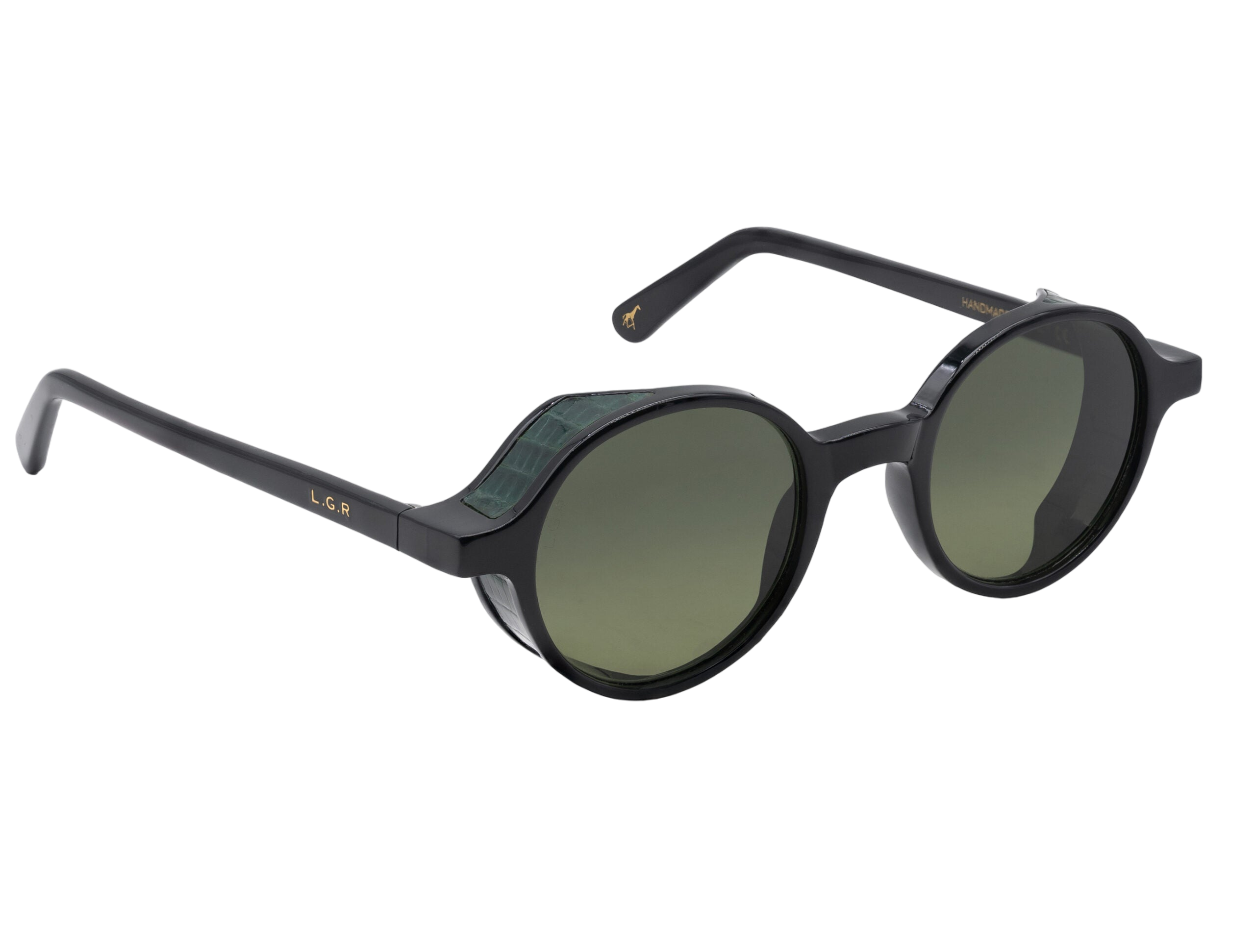 L.G.R. Reunion sunglasses with black round frames and dark green lenses from private collection