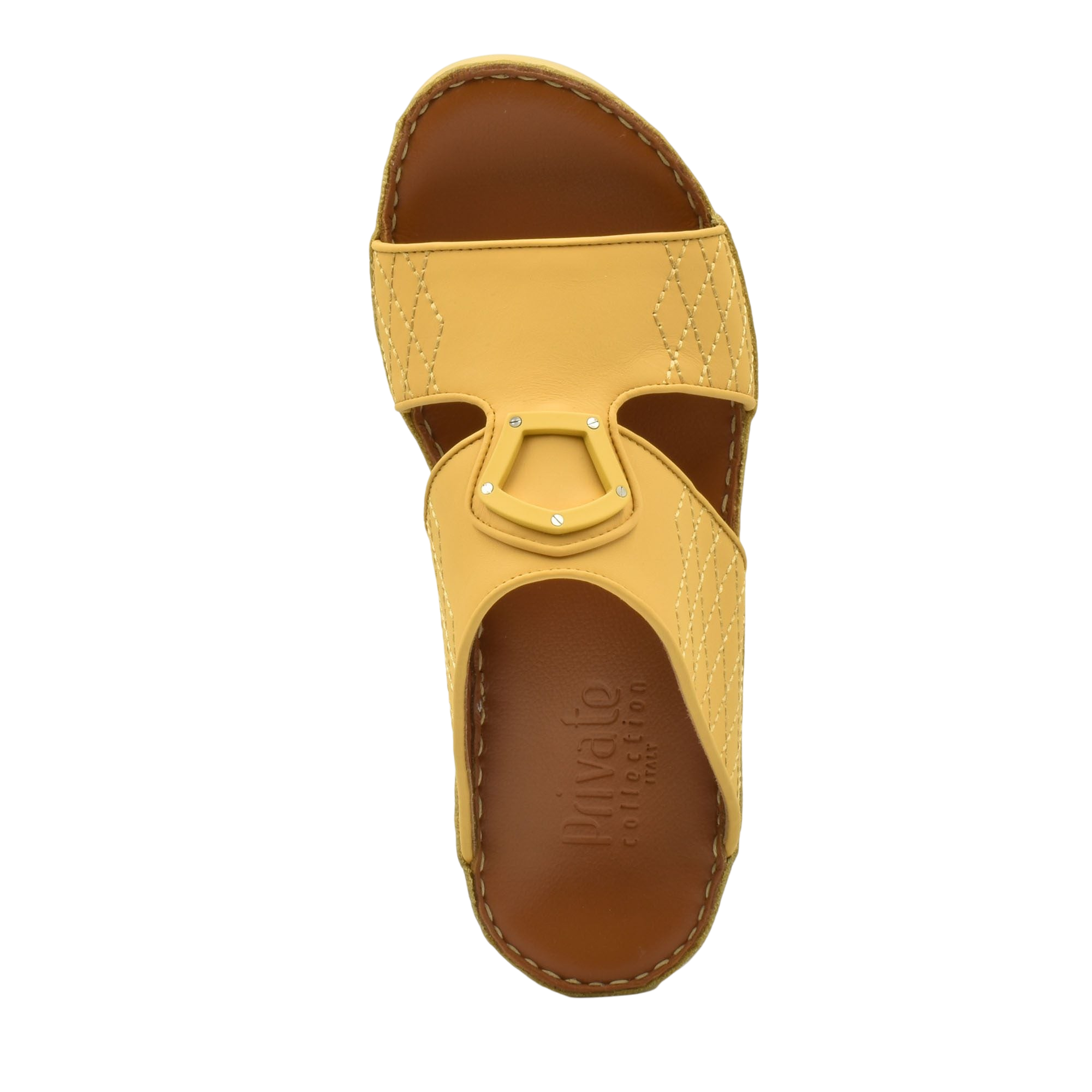 Yellow premium slip-on sandals with stitched detailing and brown cushioned footbed from Private collection