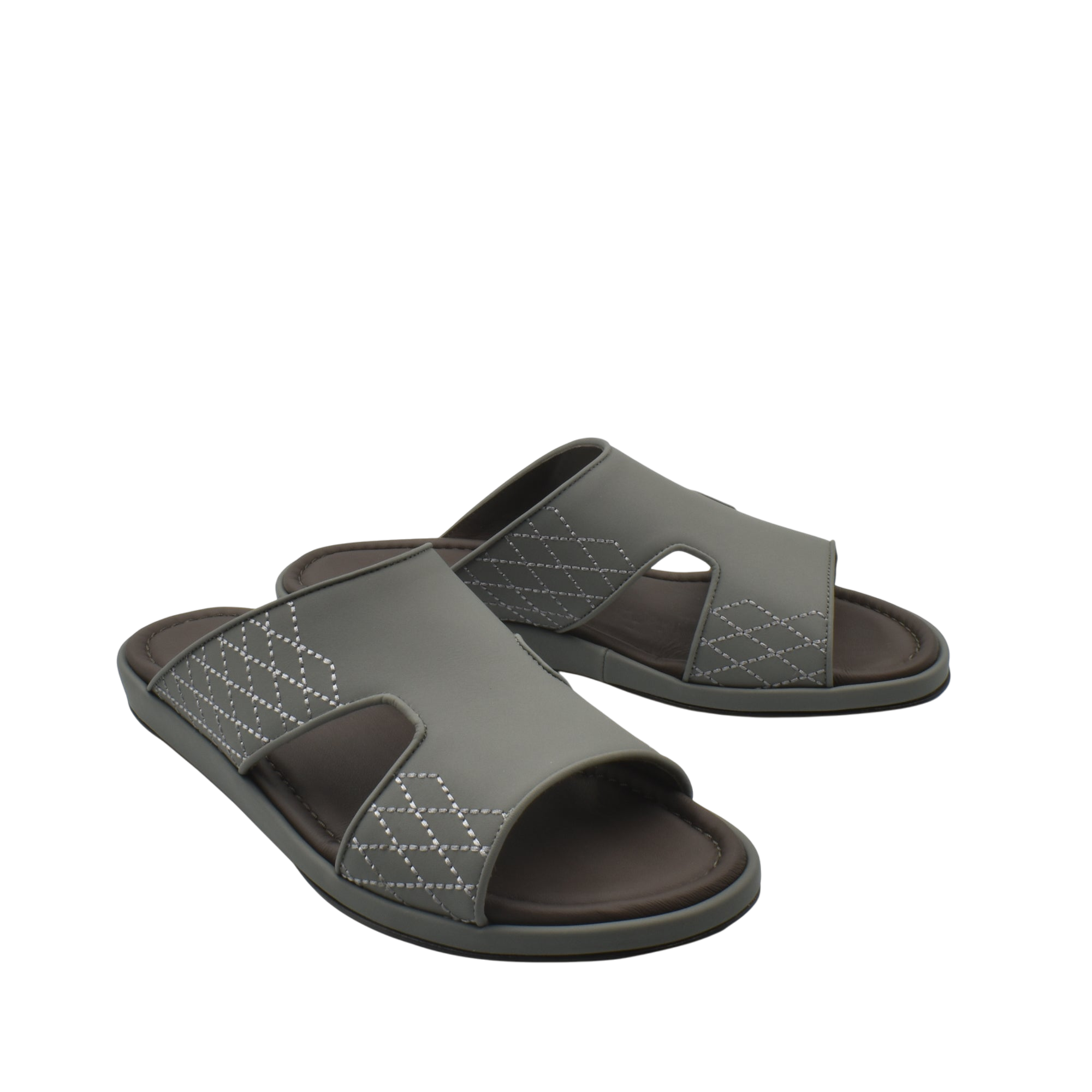 Gray slip-on luxury arca sandals with stitched diamond pattern and cushioned footbed