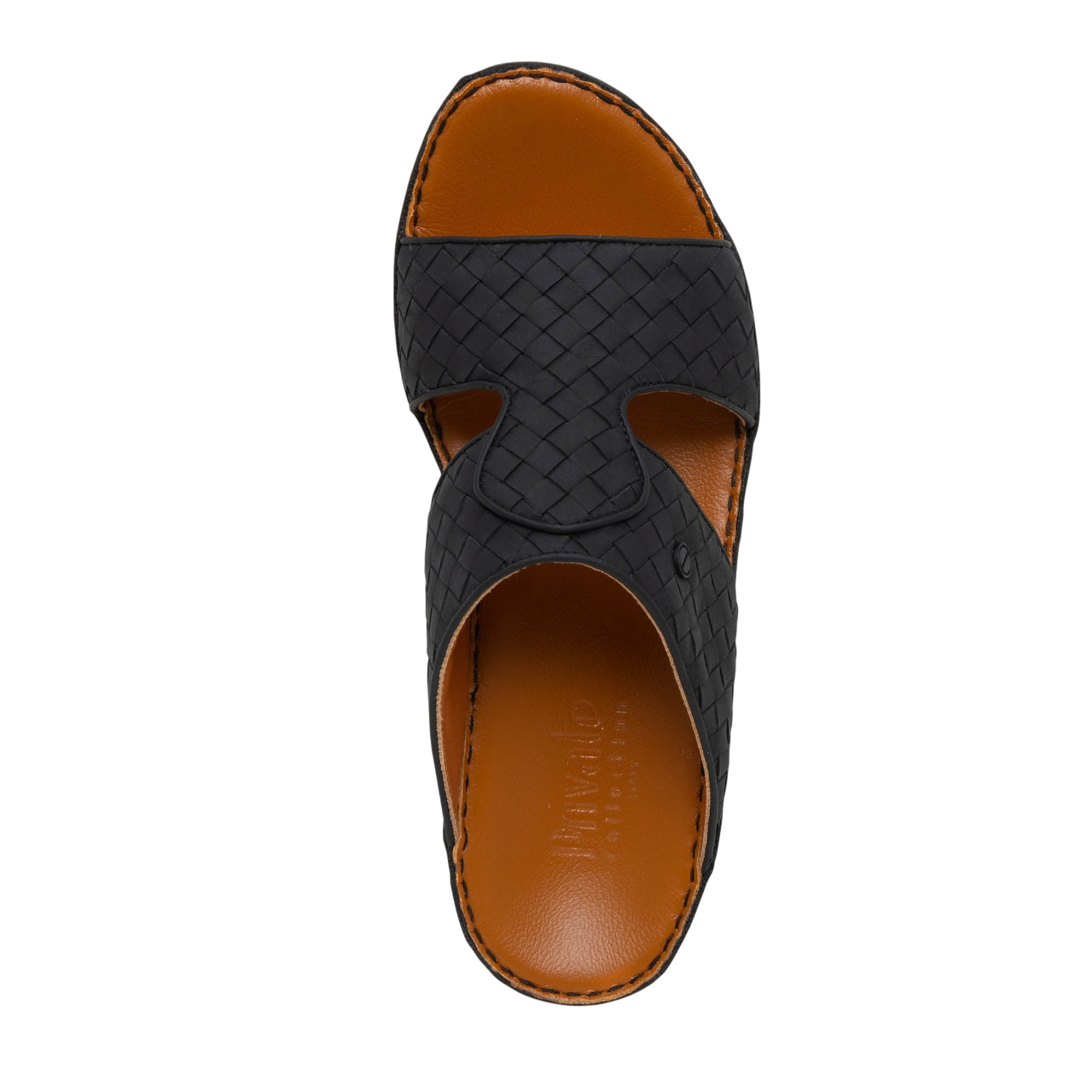 Top view of black Peninsula Trecce sandals with woven design and brown footbed