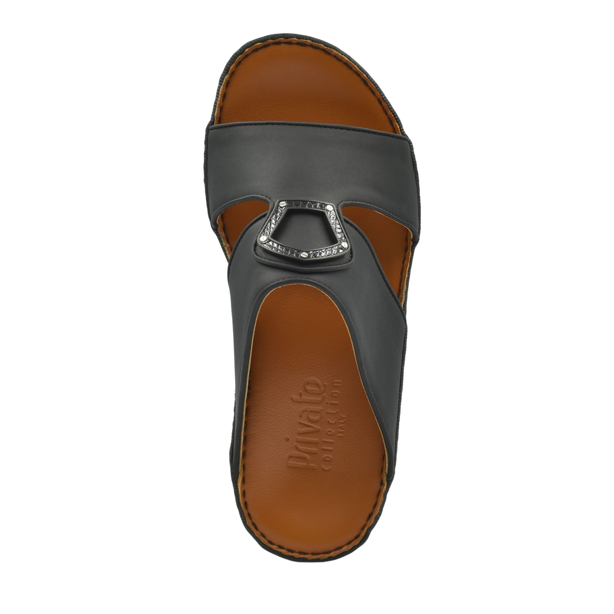 Black Peninsula Taglio sandals with decorative buckle and brown cushioned footbed from Private Collection