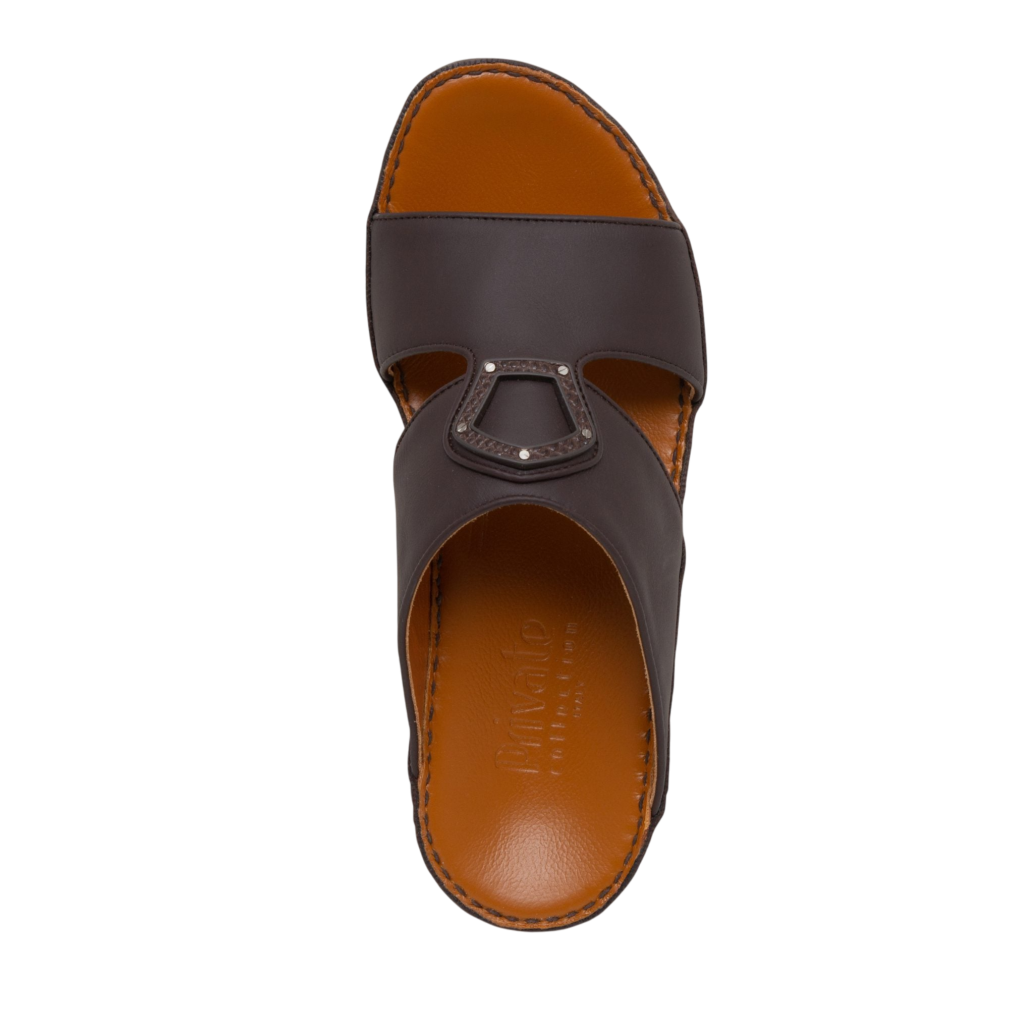 Top view of brown Peninsula Taglio sandals with leather straps and cushioned footbed