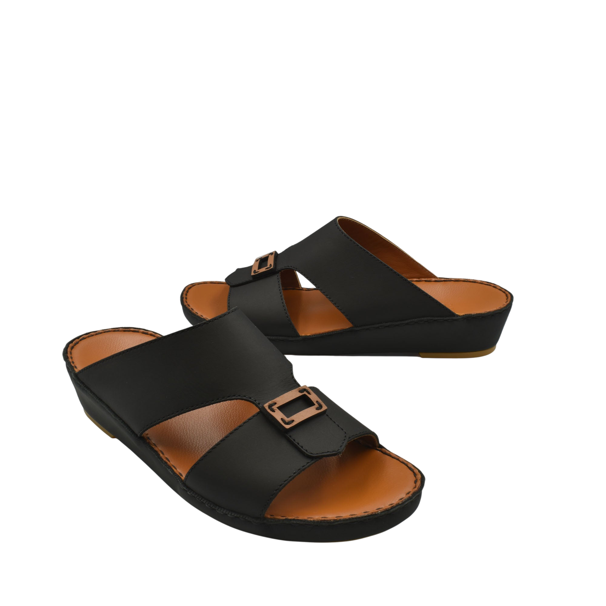 Black leather rubbercalf contrast sandals with adjustable buckles and cushioned brown footbed